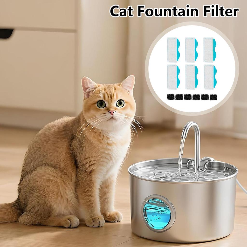 6 Pack Cat Water Fountain Filter with Sponge - Activated Carbon Odor Removing Replacement Cartridge for Pet Drinking Dispenser