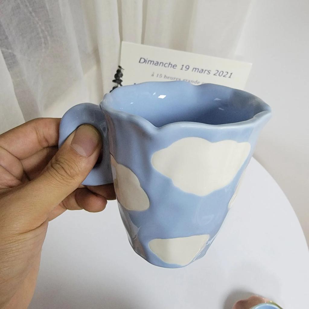 Japanese Hand Painted The Blue Sky and White Clouds Coffee Cup with Saucer Ceramic Handmade Tea Cup Saucer Set Cute Gift for Her