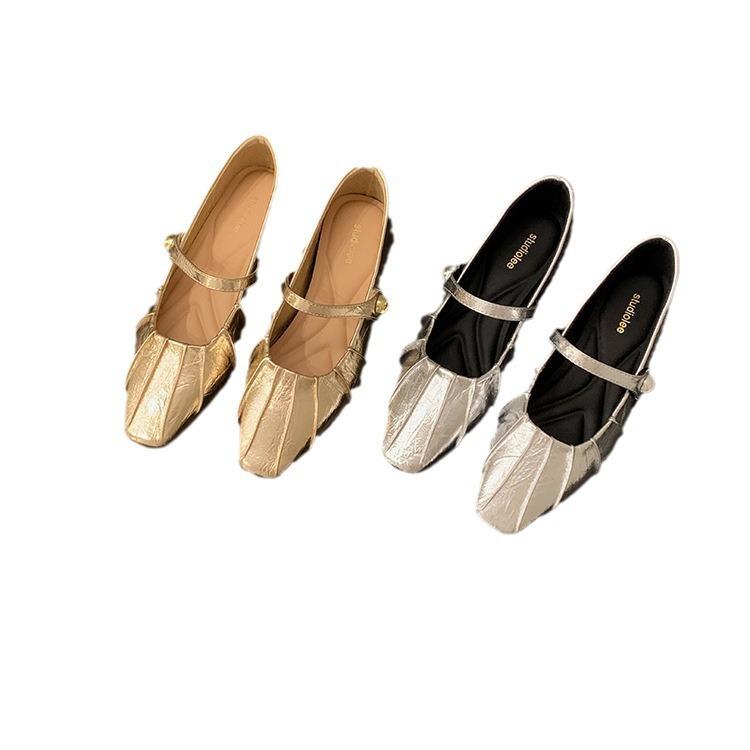 Grape Mother Leather Temperament Small Square Head Folds Word with Shallow Mouth Pearl Mary Jane Bag Head Half Slippers Women's Summer