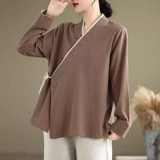 Plus Size Cotton Linen Zen Tea Shirt: Retro Chinese Style with Oblique Collar & Tie-up