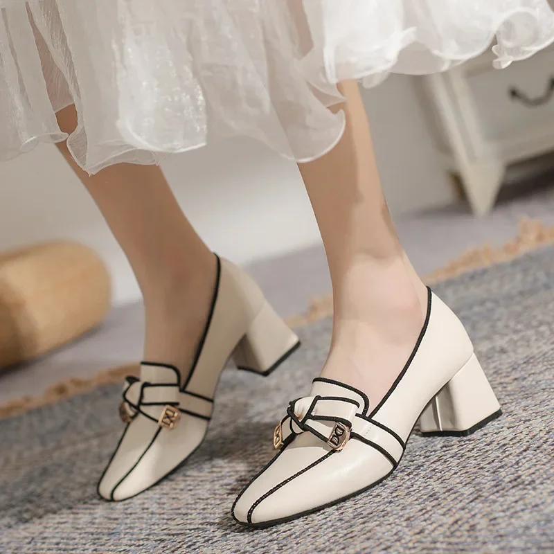 Nuevos Zapatos de Mujer Moda Diseñador Tacones de Aguja Cuero Casual Tacones Altos Zapatos Chica Tacones Gruesos Zapatos de Vestir