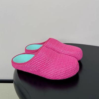 Mode Lente/Zomer Retro Grote Ronde Kop Geweven Platte Pantoffels Europese Amerikaanse Mode Maten 35-45 Buiten Lage Hak Halve Pantoffels