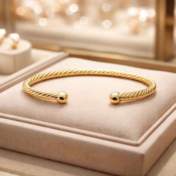 JONC Bracelet Woman 18 Carat Gold Plated Rigid Twisted Braided Diameter 56mm Hallmarked Jewel Mirror Shine Chic Trendy Luxury Jewel