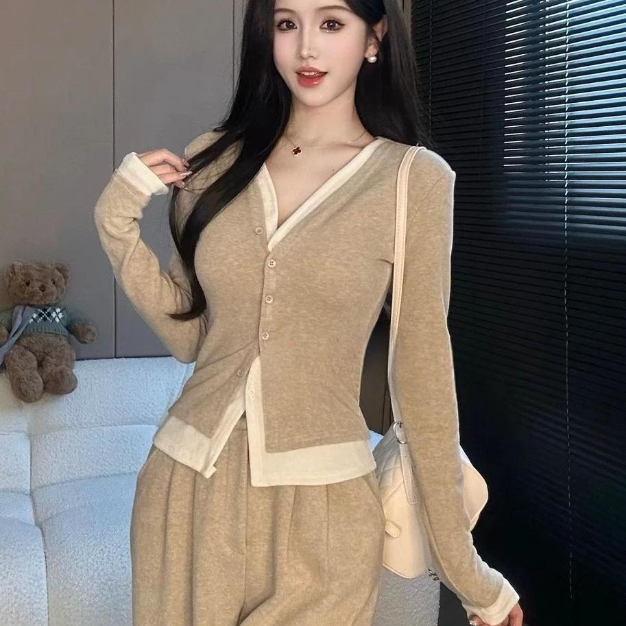 Women's Korean Style Two-Piece Set: Fake Two-Piece Long-Sleeve Top with Wide-Leg Pants - Spring/Autumn Fashion