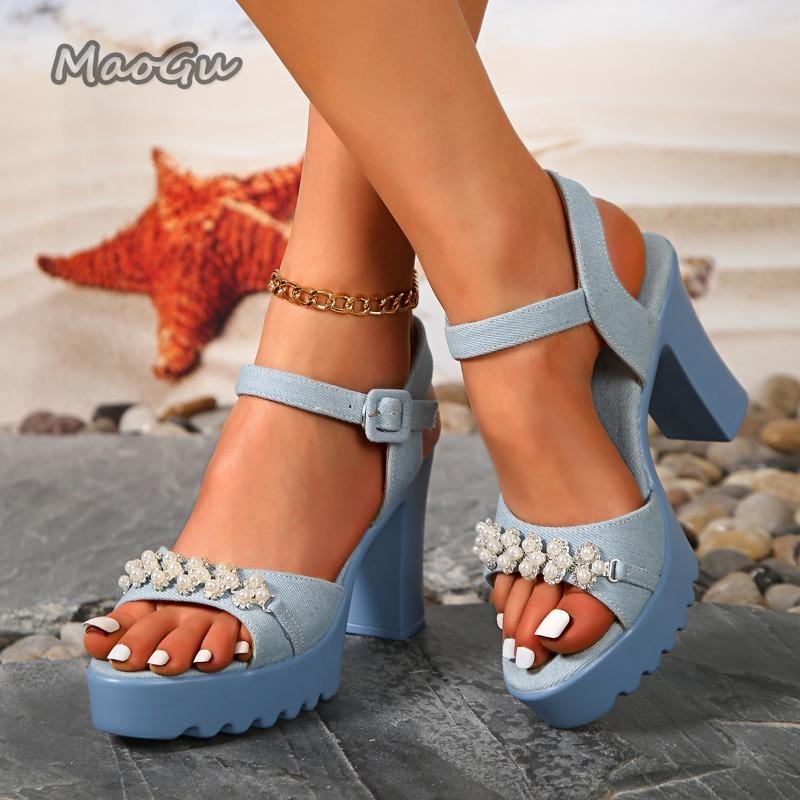 2025 Summer Women's Sandals Platform Bow Tie Buckle Strap Dress Sandals Chunky High Heel Shoes Blue Denim Outwear Shoes