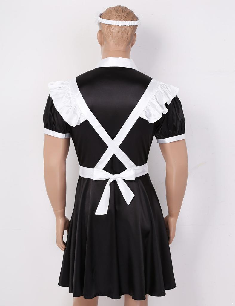 Men's Frilly Satin Flutter Sissy French Maid Dress Costume Crossdress Nightwear Pajamas