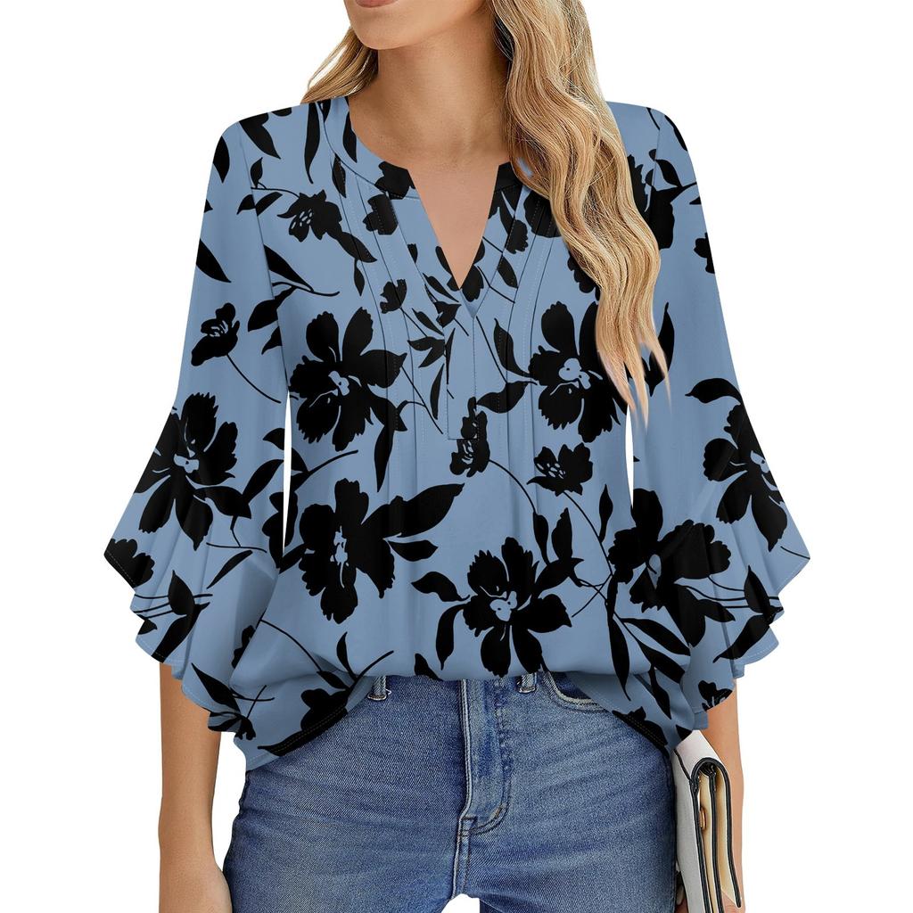 Women's Fashion Casual Pleated V-Neck Solid Color Three-quarter Sleeve T-Shirt Elegant Top