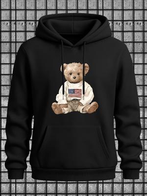 Unisex Teddy Bear Sweater Hoodie with National Flag Sweater Graphic Print - Stretch Fabric Kangaroo Pocket Pullover Hooded Sweater Suitable for Spring