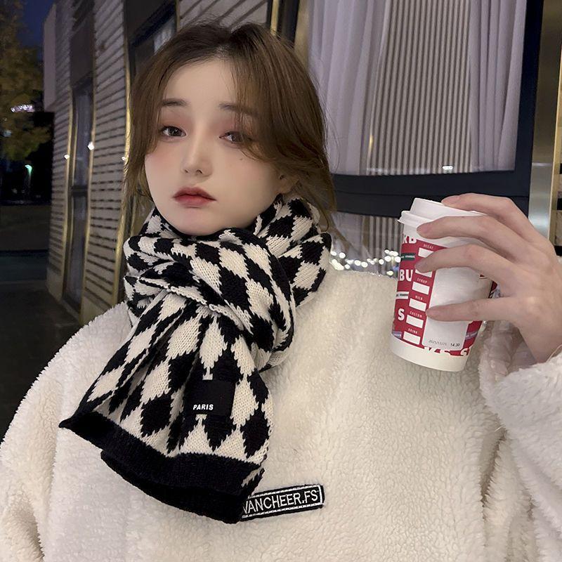 Classic Rhombus Plaid Knitted Couple Scarf Female Winter Korean Version Student Wool Warm Versatile Male Scarf Tide