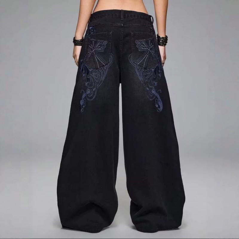 Womens Cross Embroidered Wide Leg Jeans Retro Dark Wash Loose Trousers