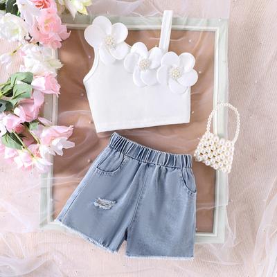 Sommer Kinder Set Mädchen Blumen Schrägträger Top+Cowboy Shorts 2tlg. Kinder T-Shirt