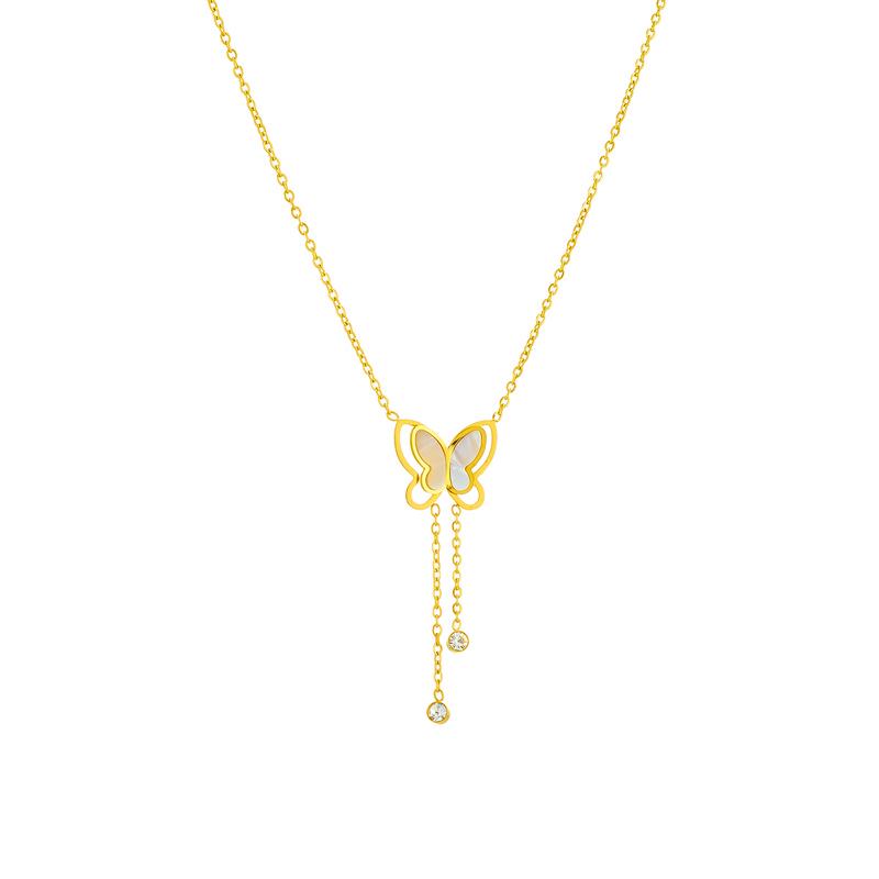 Stylish Titanium Steel Women s Necklace: Double-Layer White Shell with Rhinestone Butterfly Tassel, Hollow Design Collarbone Chain.