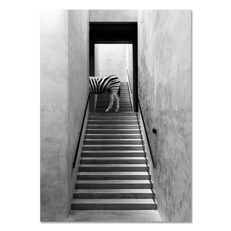 Černobílé moderní zvířecí nástěnné plakáty Schodiště Panda Jelen Zebra Žirafa Obrazy na plátně Obrazy do interiéru Domácí dekorace