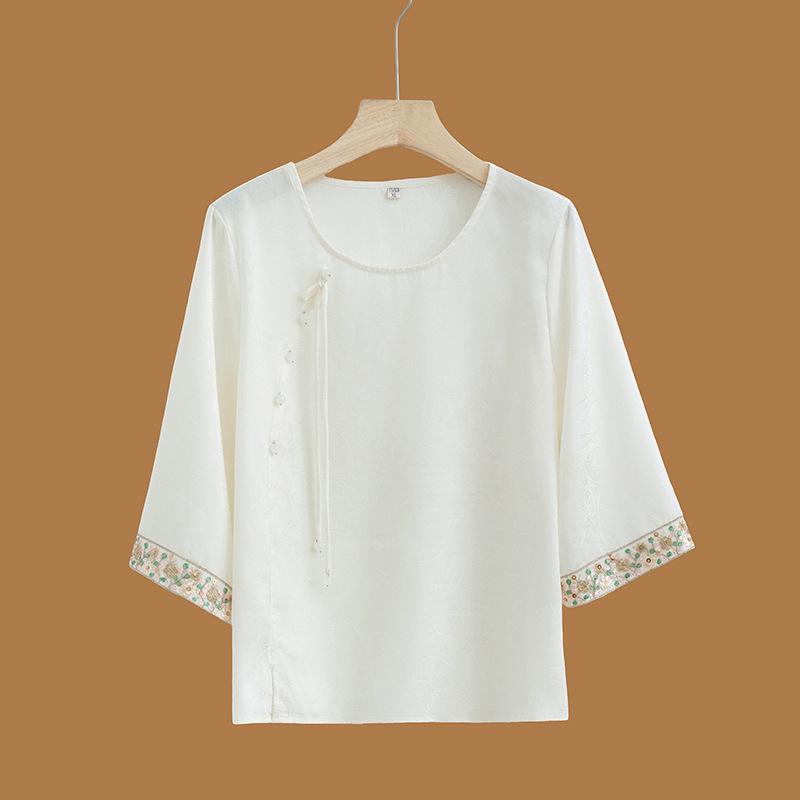 

Summer 2026 T-Shirts: New Style Lightweight Blouses for Middle-Aged & Elderly Women with Seven-Sleeve Design 3XL (125-135 jin) белый