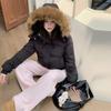 Winter versatile navy blue hooded fur collar short cotton-padded jacket women's new warm thickened down cotton-padded jacket