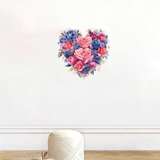 Watercolor Rose Heart Wall Stickers, Peel And Stick Pink Blue Floral Decals, Removable Waterproof PVC Flower Stickers for Bedroom Living Room