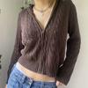Vintage Brown Hooded Sweaters Women Autumn Winter Lantern Sleeve Zip Up Jacket Cardigan Knitted Hoodies Cropped Cardigan
