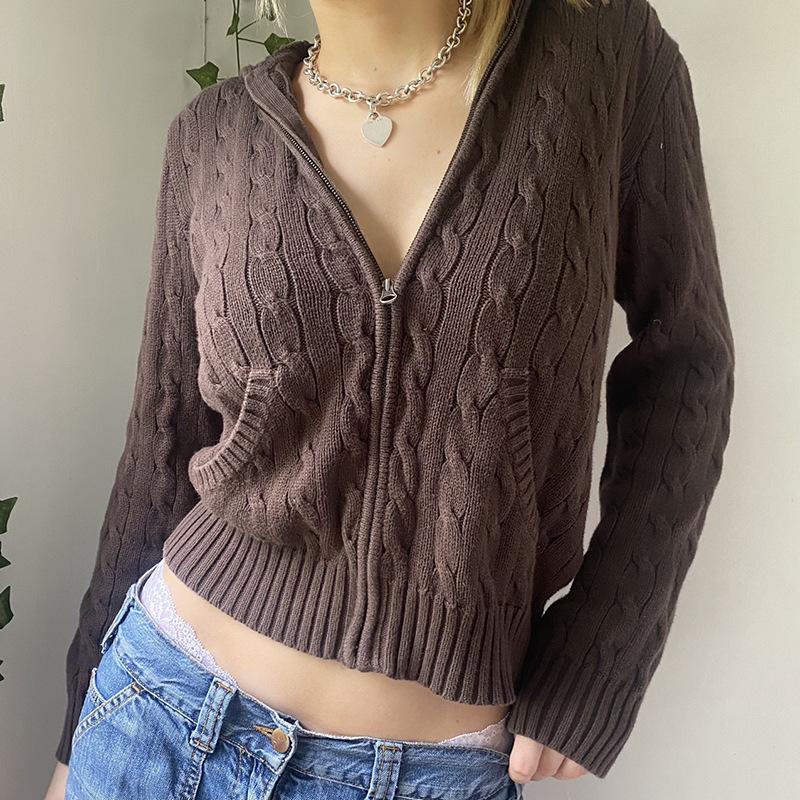 Vintage Brown Hooded Sweaters Women Autumn Winter Lantern Sleeve Zip Up Jacket Cardigan Knitted Hoodies Cropped Cardigan