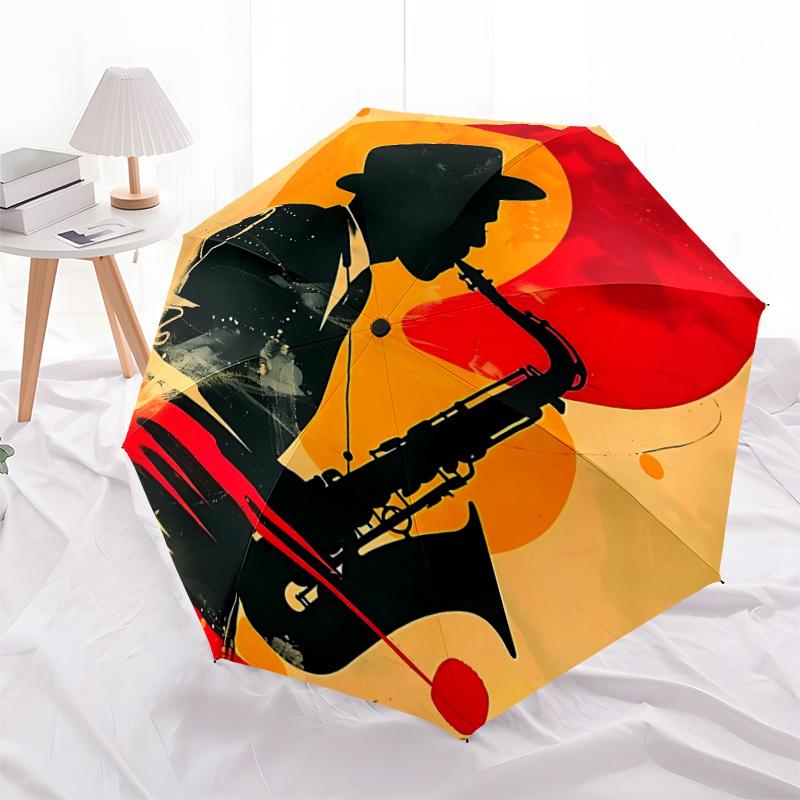 1pc Saxophone Musician Automatic Folding Umbrella - Windproof Compact Travel Umbrella with Auto Open/Close, 8-Rib Heavy-Duty Shaft for Women/Men A055