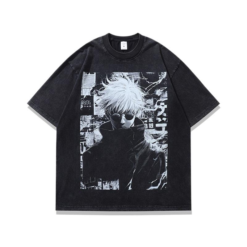 Washed And Old Short-Sleeved T-Shirt For Men And Women, Retro Animation Printing Loose Couple Trend Half-Sleeved Crew Neck Top