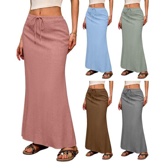 Maxi sukně v boho stylu s vysokým pasem, nastavitelnou stahovací šňůrkou, dlouhá sukně s rozparkem vzadu, jednobarevná, sukně pro office lady