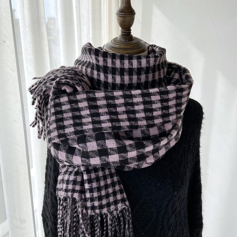 Scarf Women's Winter New Warm Retro Plaid Contrasting Color Thousand Bird Plaid Knitted Scarf Fringed Shawl