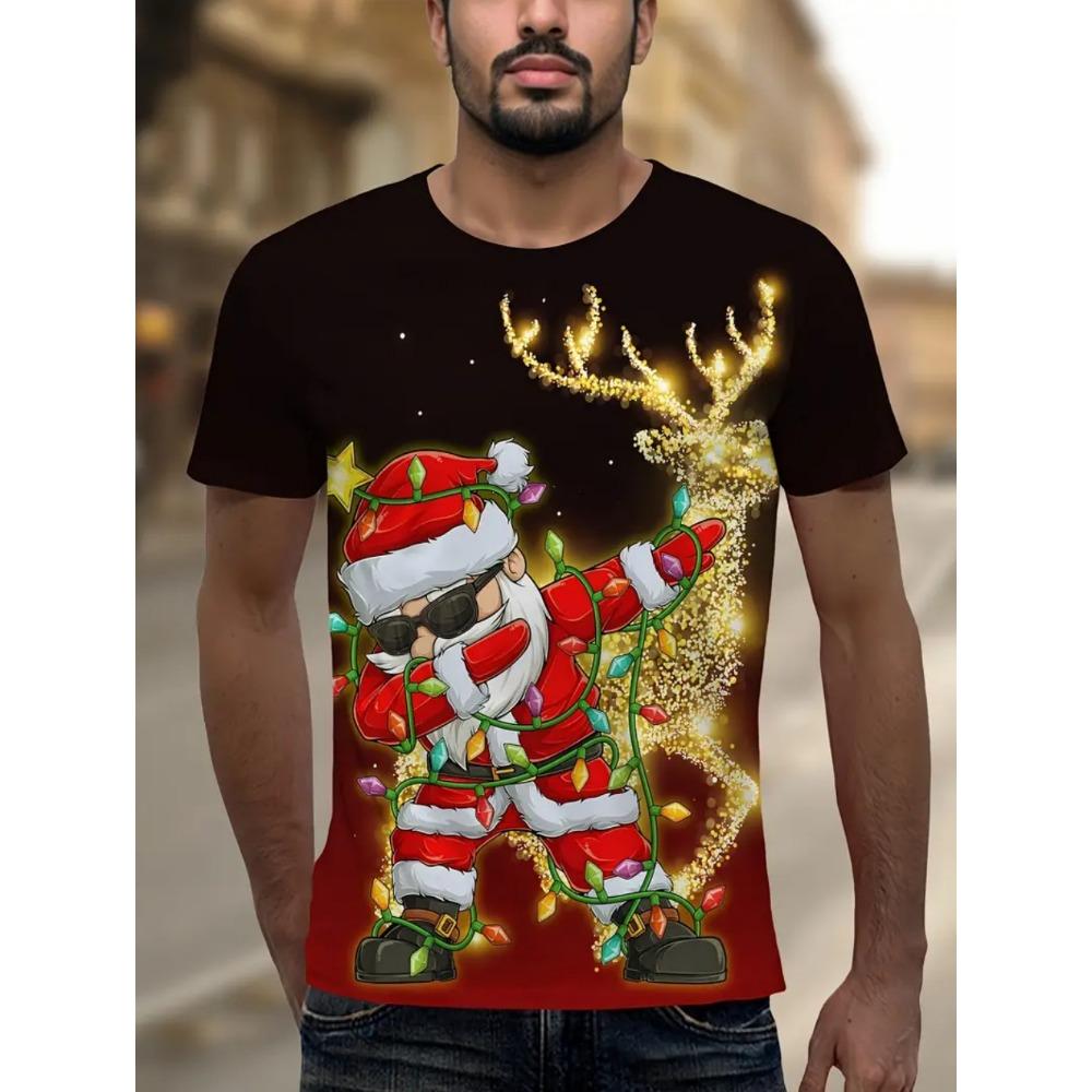 

Рождественская мужская футболка с милым принтом Санта-Клауса, летняя мужская футболка с коротким рукавом, свободный топ Y2k с круглым вырезом, праздничная повседневная мужская одежда 5XL