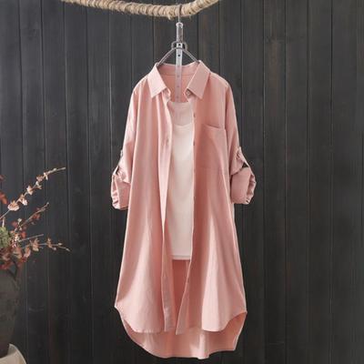 Chemise mi-longue pour femmes, couleur unie, grande taille, manches longues, col simple boutonnage, décontracté