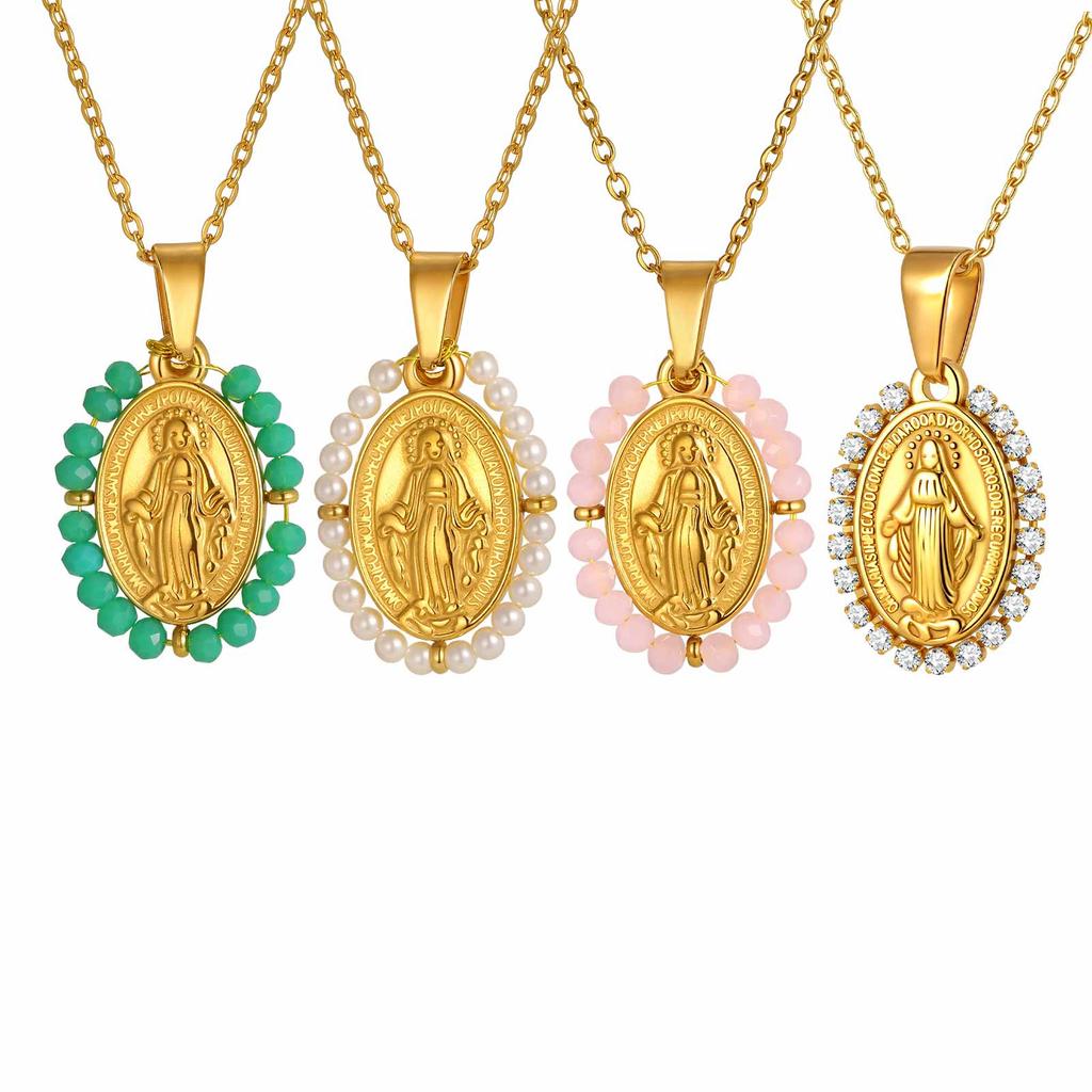Personalized Zircon Virgin Mary Pendant Necklace for Women, Stainless Steel Gold Plated Necklace,Religious Prayer Amulet Jewelry