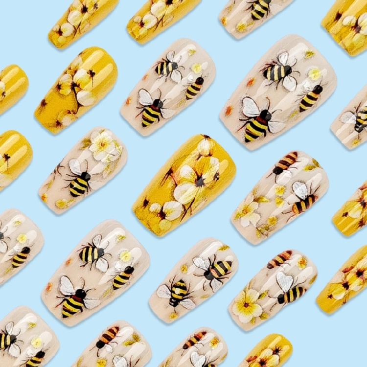 Spring Floarl Press On Nail Coffin False Nail with Flower Designs Stick On Nail Full Cover Artificial Nail for Women