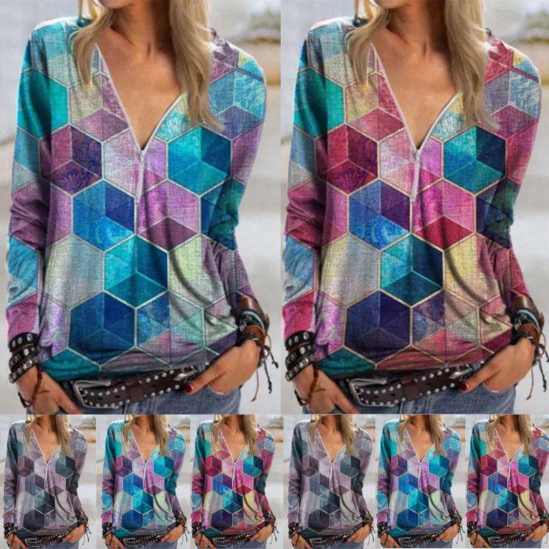 Womens V Neck Zipper Blouse Shirt Ladies Print Pullover Casual Jumper Tops Boho