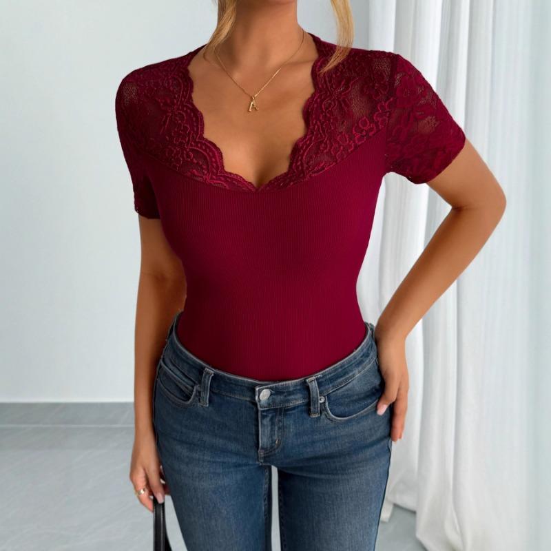Summer V Neck Short Sleeve Lace Women Blouse 2026 New Slim Fit Solid Color Elegant T Shirt Office Casual Fashion Simple Lady Top Tees Clothing