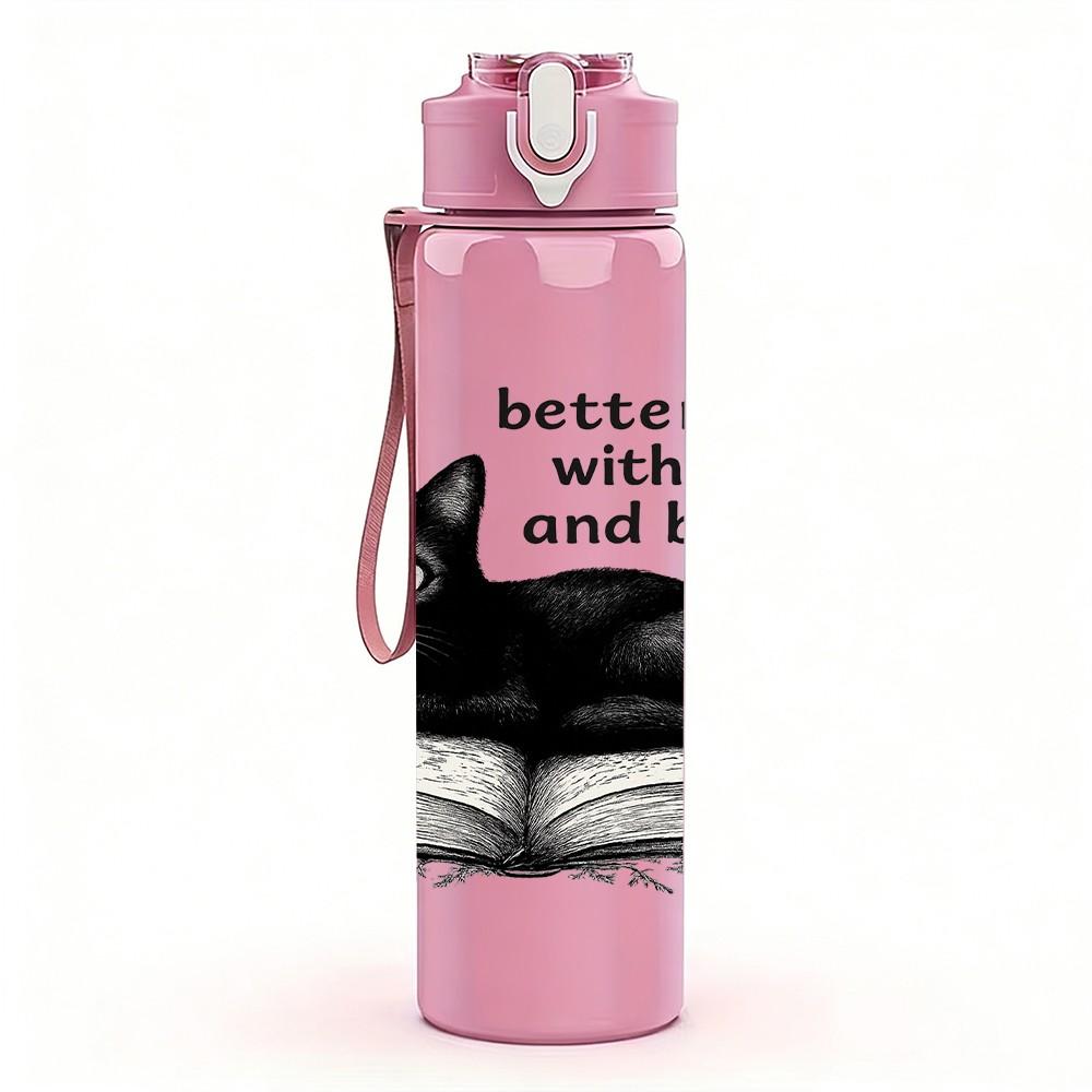 1PC Black Cat Reading Book Print 750ml Color Plastic Sports Water Bottle Leakproof Flip Straw Lid Suitable for Sports Office Home Use