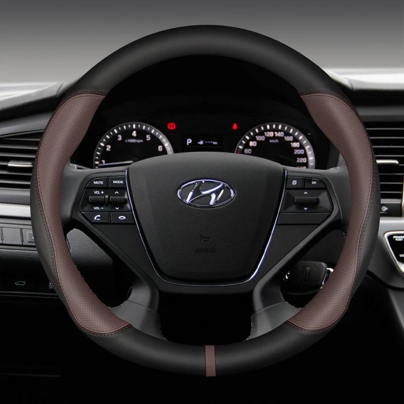 For Hyundai I40 I30 I10 Ix35 Ix25 Tucson Accent Elantra Santa Fe Creta Solaris Kona 37-38cm Car Steering Wheel Cover PU Leather