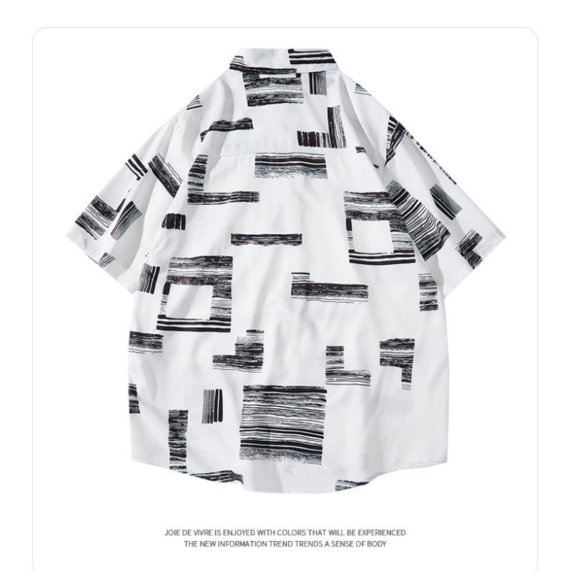 Summer Polo-neck Loose Casual Printing Single Breasted Shirt Male Short Sleeve Fashion All-match Cardigan Top Men