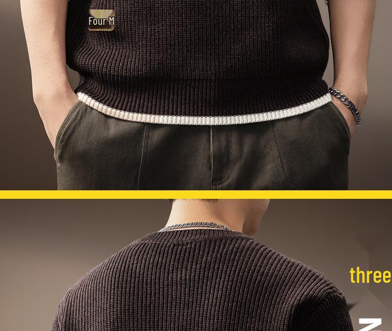 Men's Retro Two-Piece Look Color Block Ribbed Knit Sweater, Autumn Winter Casual Loose Henley Collar.