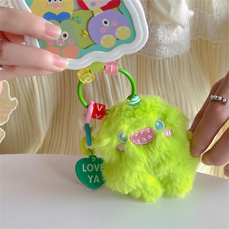 Korea Cute Cartoon Fuzzy Plush Monster Phone Key Chain Beaded Keychain For iPhone 11 13 ProMax Anti-Lost Chain Hanging Jewelry