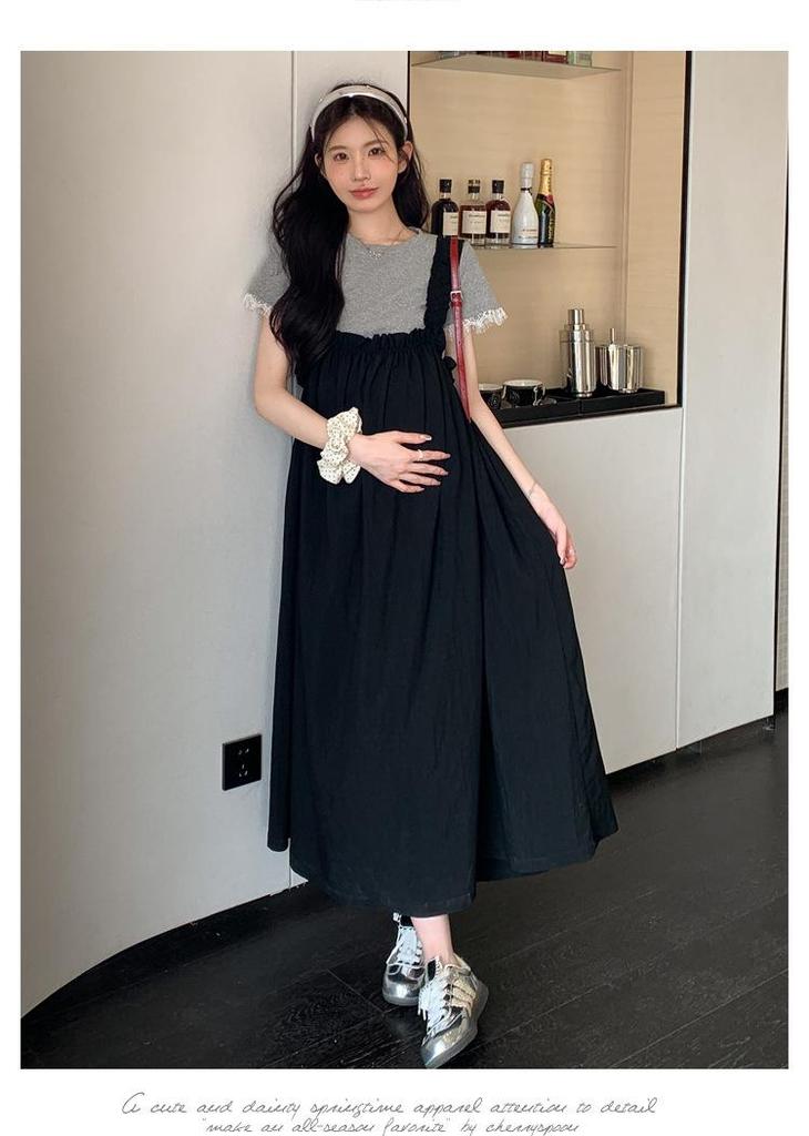 Summer 2026 Maternity Elastic Pleated Strap Dress & Lace Patchwork T-shirt Set