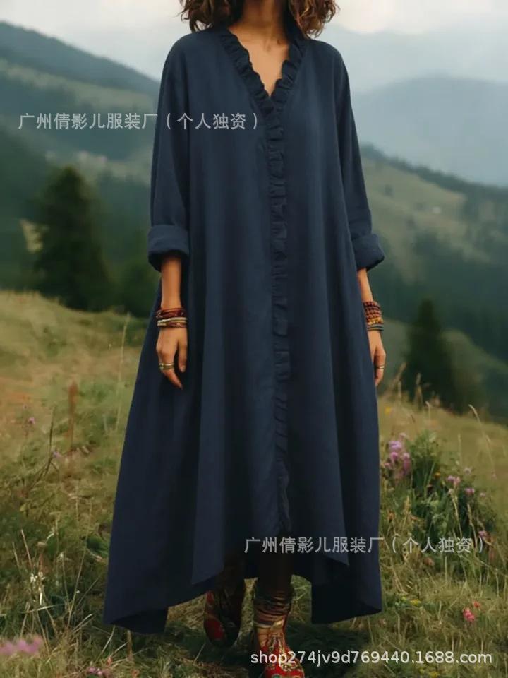 2026 Retro Style Solid Color Cotton Linen Long Sleeve Ruffled Dress