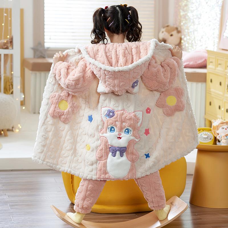 Kids Flannel Pajamas Set Boys Girls Warm Long Sleeve Top And Pants Sleepwear Winter Home Nightwear