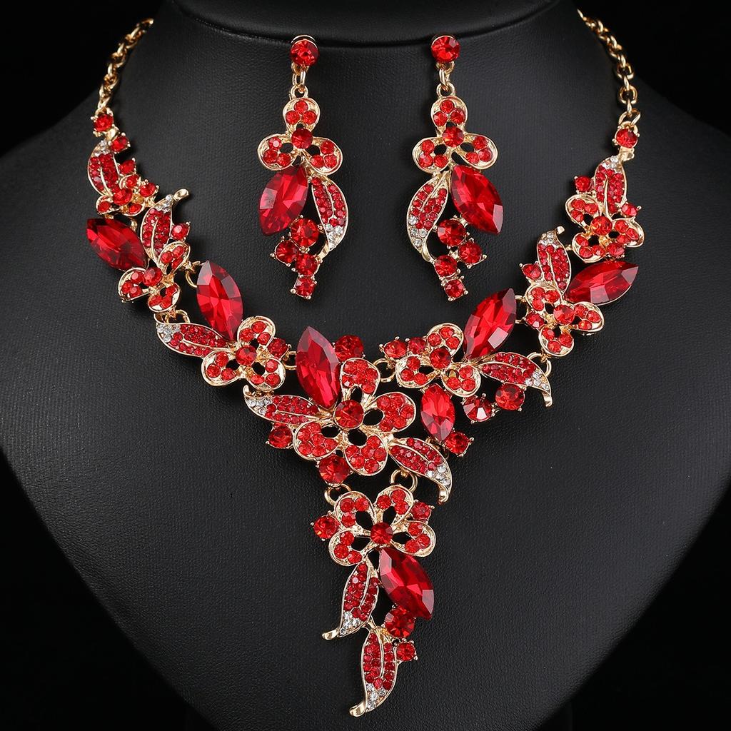 3psc Sweet and Romantic Three-dimensional Floral Women's Alloy Necklace Earrings Dignified and Elegant Banquet Dress Zircon Set