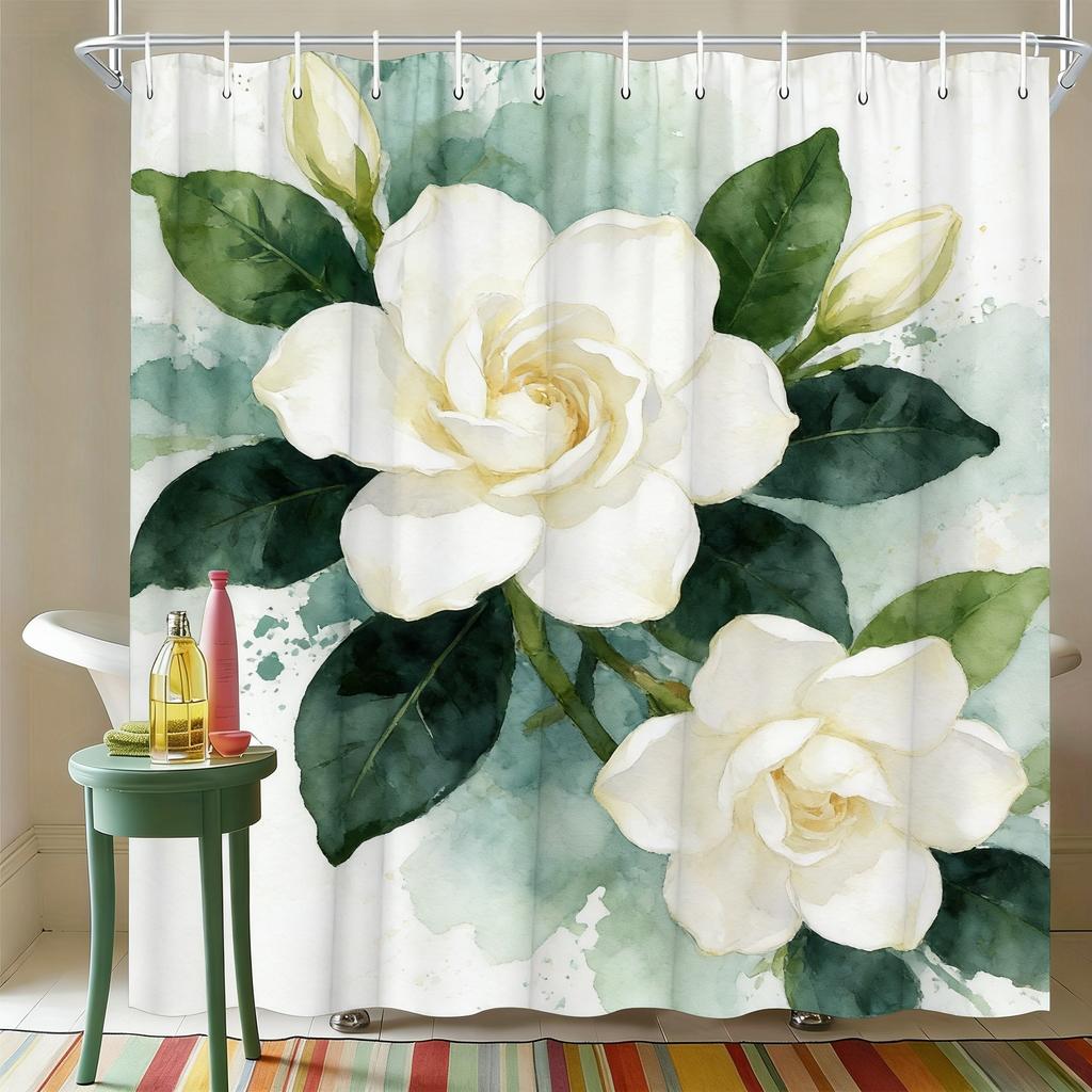 Watercolor White Gardenia Flowers With Green Leaves Waterproof Shower Curtain For Bathroom Decor