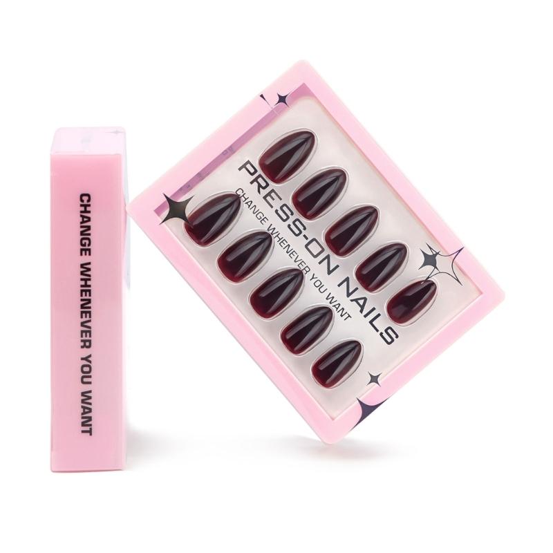 Short Almond Press on Nail,30Pcs Wine Reds Fake Nail in 15 Sizes Glossy False Nail Acrylic Stick on Nail for Women