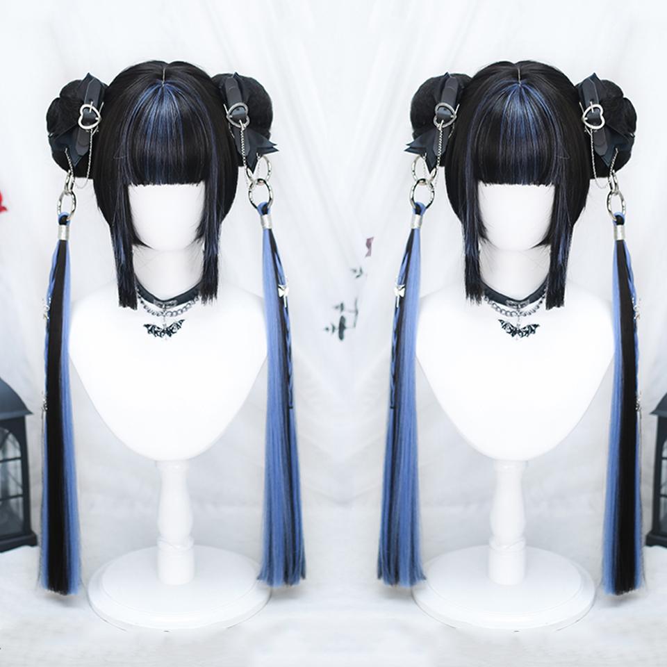 DIY Anime Synthetic Short Straight Green Wig Double Hair Loop Double Braid Ponytail Natural Short Straight Head Cover Wig For Women