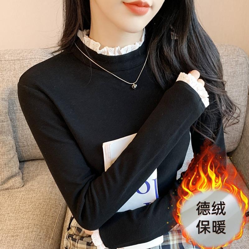 German velvet thermal bottoming shirt women's lace semi-turtleneck top spring temperament long-sleeved T-shirt