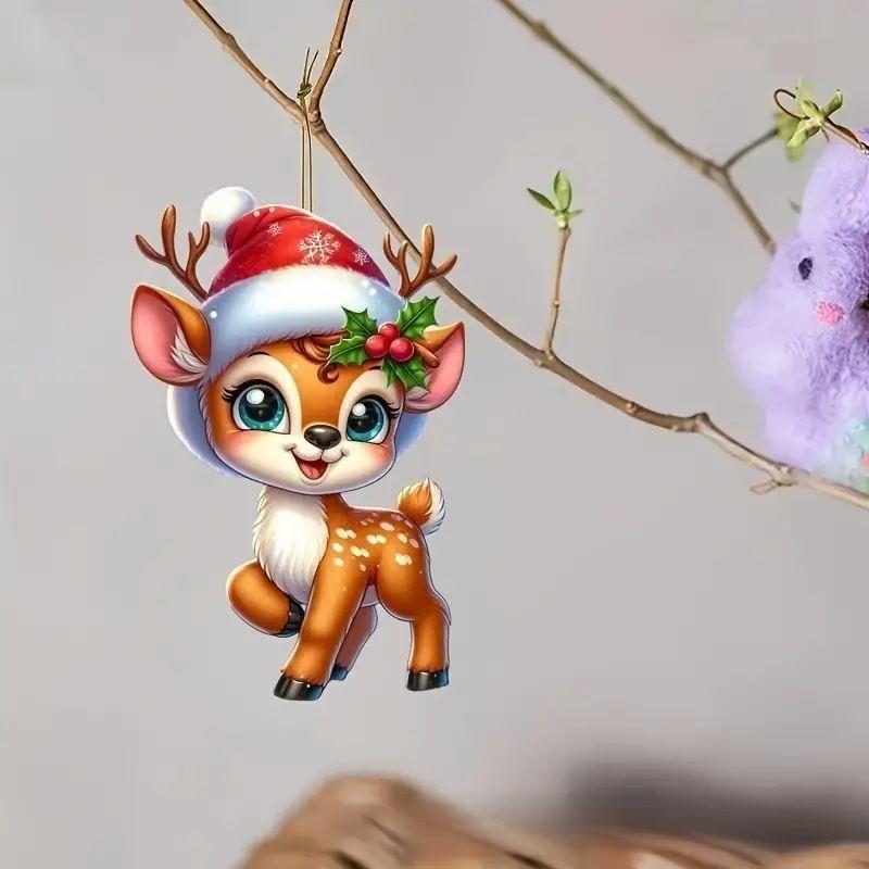 Christmas Acrylic Car Ornament With Deer Tree Motif Rearview Decoration Mirror