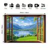 2D Open Wooden Window Frame Alps Snow Mountain Lake Green Meadow Backdrop European Wall Tapestry