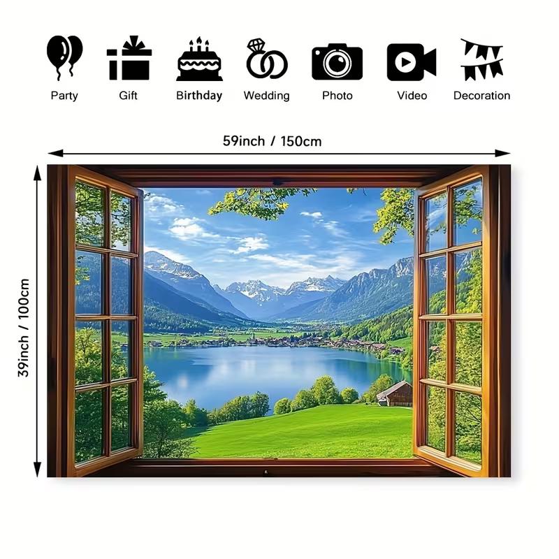 2D Open Wooden Window Frame Alps Snow Mountain Lake Green Meadow Backdrop European Wall Tapestry
