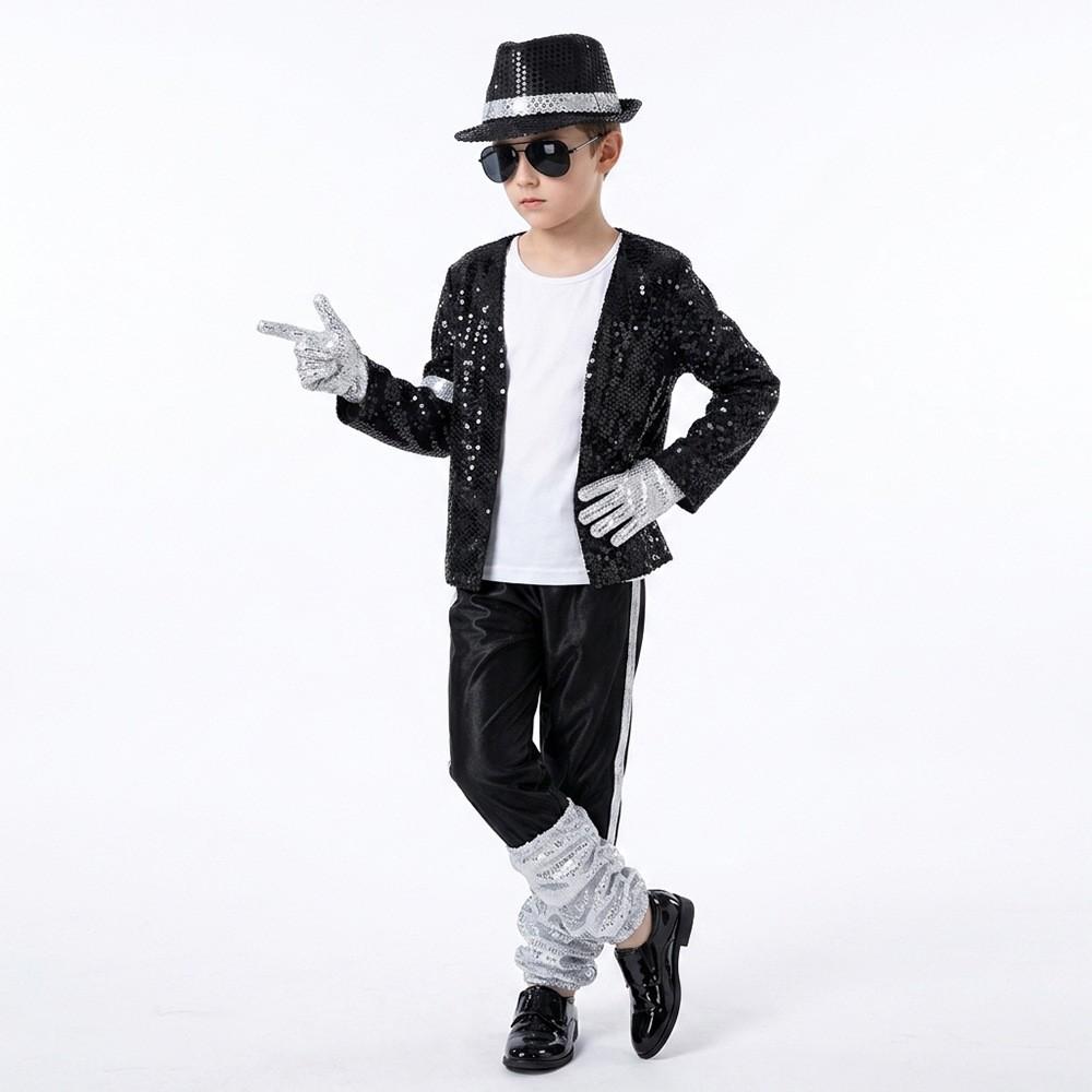 Kids Boy Michael Jackson Cosplay Black Suit Dance Disco Halloween Fancy Dress Up 80s Pop King Costume for Top Pants