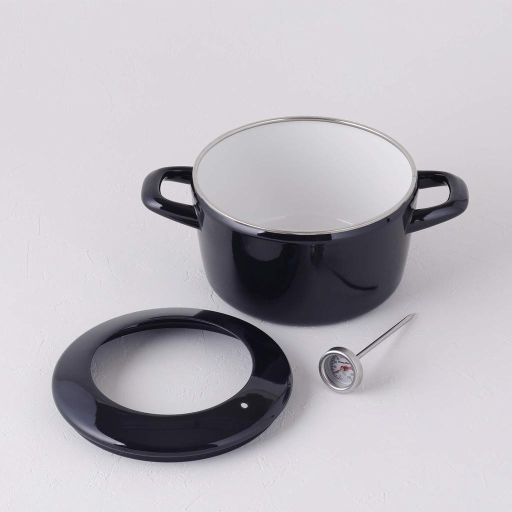 Fuji Enamel Tempura Pot with Gas and Induction 16cm Mini Pot Thermometer, Compatible, Black, Round, Fryer, Double-Handled